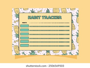 Habit tracker monthly planner template with a pineapple pattern background.	