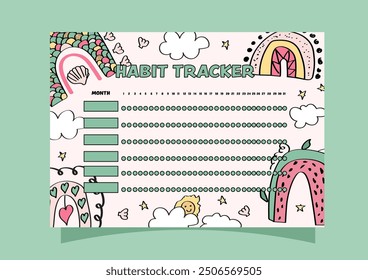 Habit tracker monthly planner template with boho rainbows and clouds pattern background.