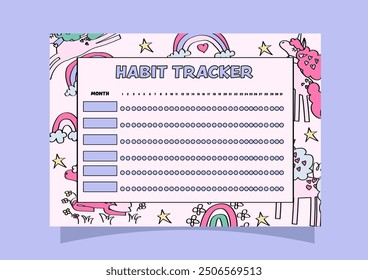 Habit tracker monthly planner template with unicorns and rainbows pattern background.	