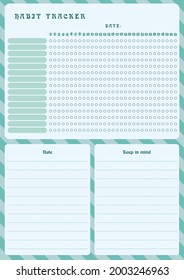 Habit Tracker, Notes, Reminders, Green, Blank Monthly Template Blank notebook page A4 for organizer