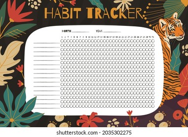 Habit tracker printable page concept templane, with hand drawn floral foliage and tiger illustrations.