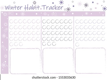 Habit tracker printable page for personal goals and motivation. Template decorated with snowflakes, frames and dots. Copy space. Soft winter palette lilac and blue colors. Stock vector illustration.