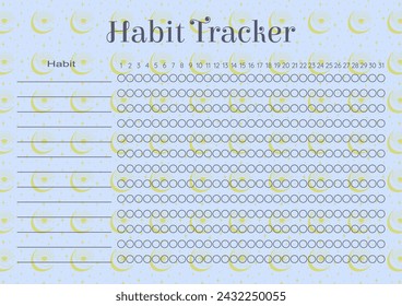 Habit tracker stationery design in blue-yellow colors. Monthly planner blank template with mystic eyes and moon