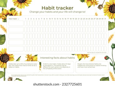 Habit-Tracker-Sonnenblumendesign. Vektorgrafik mit Aquarell-Sonnenblumen und Verfolgung neuer Gewohnheiten.