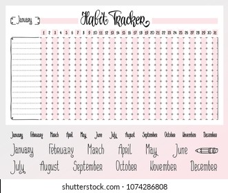 Habit tracker template. Blank with hand written cute names of months. Bullet journal template. Monthly planer. Hand written calendar. 