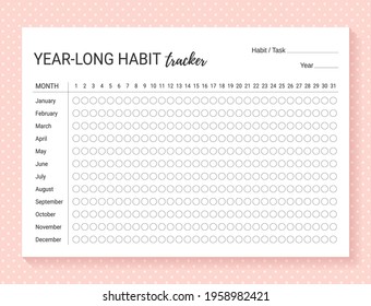 Habit tracker. Template habit diary for year. Vector illustration. Journal planner with bullets. Layout for daily goal list. Simple design. Horizontal, landscape orientation. Paper size A4.