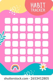 Habit tracker template featuring a grid of squares on a vibrant pink background, adorned with playful abstract shapes, a rainbow, sun, and leaf, encouraging consistent progress and personal growth