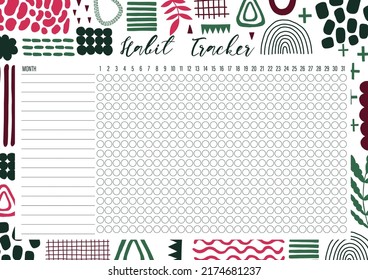 Habit tracker template for monthly.Planner checklist ready to print.Calendar table of habits for every day.