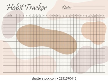 Habit tracker template on pastel beige background. Monthly planner page. Event, inculcate habits, schedule, improve yourself, self development, awareness. Time management concept. Vector illustration