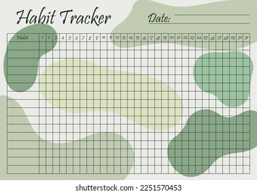 Habit tracker template on pastel green background. Monthly planner page. Event, inculcate habits, schedule, improve yourself, self development, awareness. Time management concept. Vector illustration