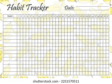 Habit tracker template on pastel banana background. Monthly planner page. Event, inculcate habits, schedule, improve yourself, self development, awareness. Time management. Vector illustration