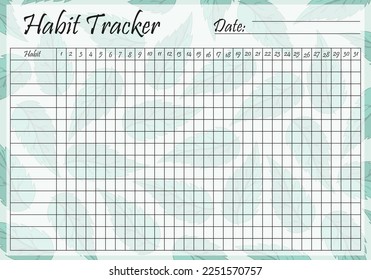 Habit tracker template on pastel mint leaves background. Monthly planner page. Event, inculcate habits, schedule, improve yourself, self development, awareness. Time management. Vector illustration