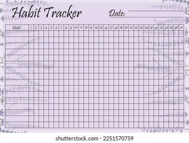 Habit tracker template on pastel lavender background. Monthly planner page. Event, inculcate, schedule, improve yourself, self development, awareness. Time management concept. Vector illustration