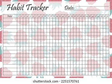 Habit tracker template on pastel raspberry background. Monthly planner page. Event, inculcate habits, schedule, improve yourself, self development, awareness. Time management. Vector illustration