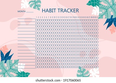 Habit tracker template with tropical leaves