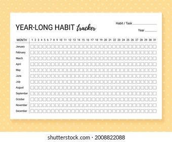 Habit tracker template. Year-long habit diary. Journal planner with bullets. Goal list on background with stars. Vector illustration. Simple design. Horizontal, landscape orientation. Paper size A4. 