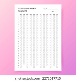 Habit tracker template. Year-long habit diary. Journal planner with bullets. Goal list on pink background. Vector illustration. Simple design. Vertical, portrait orientation. Paper size A4. 