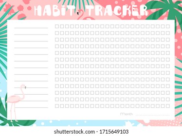 Habit tracker vector illustration. Cartoon flat monthly planner journal blank for tracking habitual activity, list for daily goal achievements in tropical floral design with green leaves and flamingos