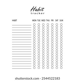 Habit tracker for WEEK. Template mockup. Vector  personal organizer. Minimalist simple planner.