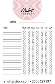 Habit tracker for WEEK. Template mockup. Vector  personal organizer. Minimalist simple planner.