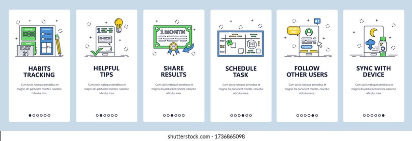 Habit tracking website and mobile app onboarding screens. Menu banner vector template for web site and application development. Helpful tips for good habits formation, scheduling tasks other functions