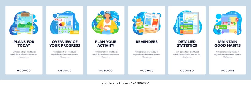 Habit tracking website and mobile app onboarding screens. Menu banner vector template for web site and application development. Plan daily activity, maintain good habits, overview progress, statistics