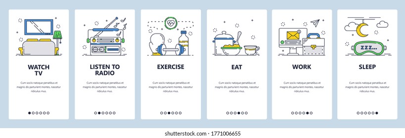 Habit tracking website and mobile app onboarding screens. Menu banner vector template for web site and application development. Daily routine, habits watch tv, listen to radio, exercise eat work sleep