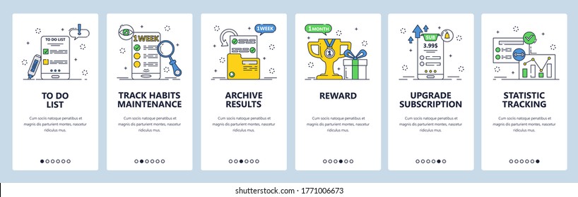 Habit tracking website and mobile app onboarding screens. Menu banner vector template for web site and application development. Basic features for creating, checking off habits and statistic tracking. svg