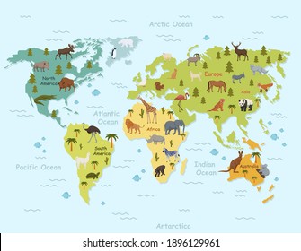 Habitat animals on world map clipart. Green topographic continents with ocean and tropical northern mammals vector birds.