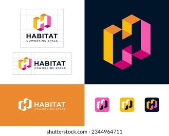 Habitat logo. Letter H of impossible shape. Yellow-pink H monogram. Identity.  Web buttons. 