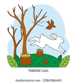 Habitat loss. Animals flee a deforested area. Tree stumps, a running rabbit, and flying bird. Endangered biodiversity. Flat vector illustration