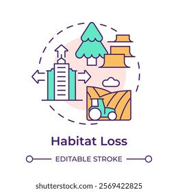 Habitat loss multi color concept icon. Biodiversity decline cause. Wildlife and environmental balance threat. Round shape line illustration. Abstract idea. Graphic design. Easy to use in article