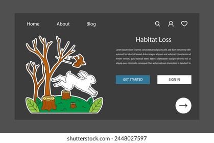 Habitat loss night or dark mode web banner or landing page. Animals flee a deforested area. Tree stumps, a running rabbit, and flying bird. Endangered biodiversity. Flat vector illustration