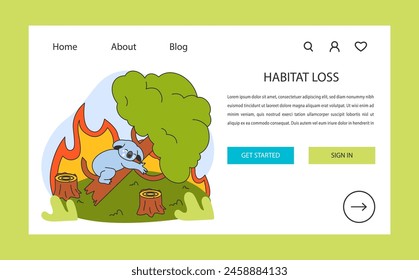 Habitat loss web banner or landing page. Distressed koala amidst flames. Deforestation and wildfire danger. Endangered biodiversity. Flat vector illustration