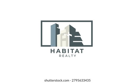 Habitat Realty logo design featuring abstract modern city buildings and skyscrapers in a minimalist geometric frame with company name.
