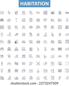 Habitation line icons, signs set. Accommodation, Residency, Dwelling, Dwell, Home, Homestead, Tenancy, Habitation, Lodging outline vector illustrations.