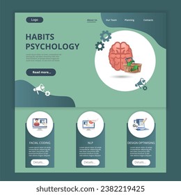 Habits psychology flat landing page website template. Facial coding, nlp, design optimising. Web banner with header, content and footer. Vector illustration.