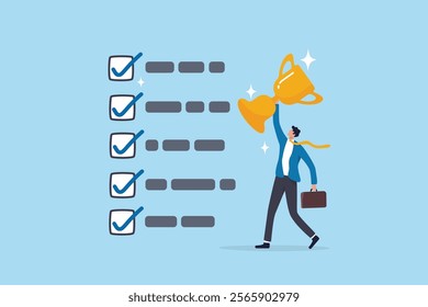 Habits or routine to success, checklist or factors to succeed and achieve goal, winner progress, planning, procedure or process concept, success businessman holding winner trophy with habit checklist.