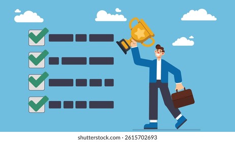 Habits or routine to success, checklist or factors to succeed and achieve goal, winner progress, planning, procedure or process concept, success businessman holding winner trophy with habit checklist
