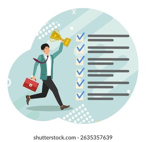 Hábitos ou rotina para o sucesso, lista de verificação ou fatores para ter sucesso e atingir a meta. Empresário de sucesso segurando o troféu vencedor com lista de verificação de hábito.