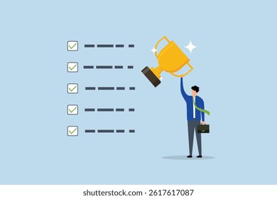 Habits to success, success businessman holding winner trophy with habit checklist.