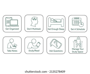 habits of a successful student get organized, don't multitask, get enough sleep, set a schedule, take notes, study, read, ask questions icon set line art vector illustration 