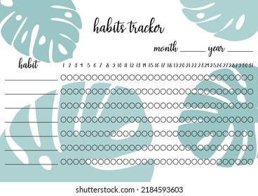 Plantilla imprimible en blanco del rastreador de hábitos. Página de bloc de notas horizontal A4. Ilustración vectorial de la hoja de papel para el éxito de los hábitos de marcado en el mes. La monastera tropical deja el fondo.