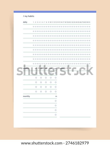 Habits Tracker Planner. Printable planner page with daily, weekly and monthly habit tracking rows and notes section. minimalist habit tracker for routines and productivity