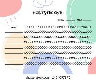 Habits tracker printable template. Monthly worksheet layout for tracking habit. Blank checklist vector with abstract background