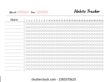 Habits Tracker printable template Vector. Blank white notebook page A4. Business organizer schedule page for  for effective planning. Paper sheet. Vector illustration design