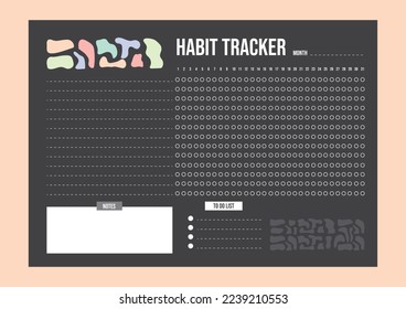 Habits Tracker printable template Vector. Monthly planner habit tracker blank template. Monthly planer. Vector illustration.Time management equipment.