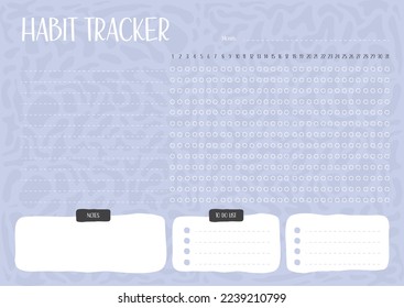 Vector de plantilla imprimible de Habits Tracker. Plantilla en blanco de seguimiento de hábitos de planificación mensual. Planificador mensual. Ilustración vectorial.Equipo de administración de tiempo.