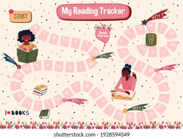 Habits Tracker for reading books for 7 weeks. Daily planner for reading books. Schedule for students. Stickers with Afro American woman reading books. Printable routine for every day. for 7 weeks 