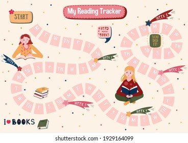 Habits Tracker for reading books. Daily planner for read books. Schedule of students and adult. Stickers with woman of reading books. Routine for every day. Organizer for education.